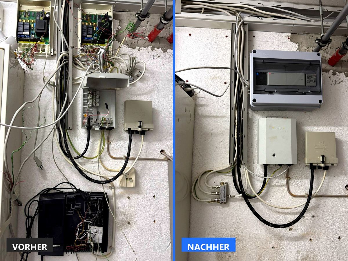 Verteilerkasten einer Klingelanlage vorher mit loser, gewachsener Verkabelung und nachher fachgerecht aufgeräumt und neu verkabelt